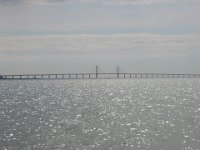 Oresund Bridge and Strait, the bridge is 4km tunnel and 8km bridge, connects Malmo with Copenhagen